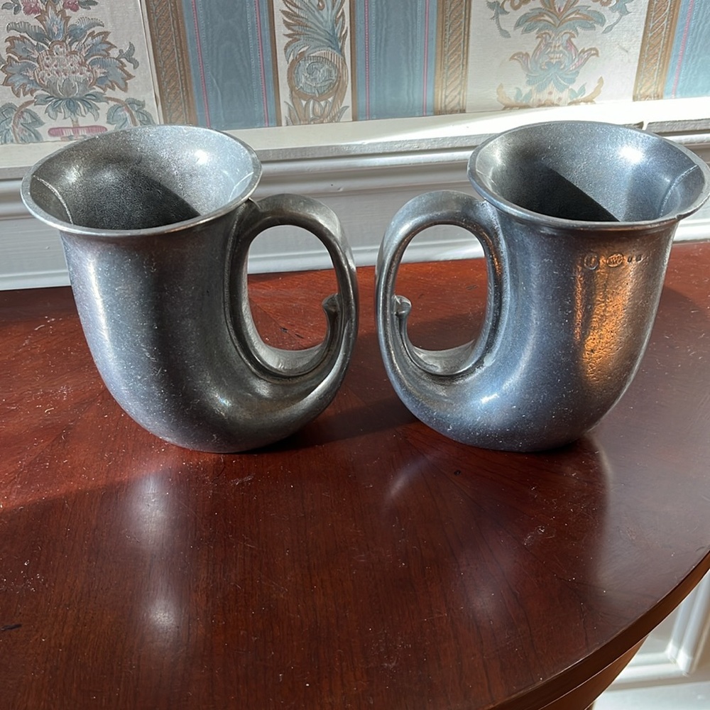 Set of 2 Vintage pewter horn cups mugs
